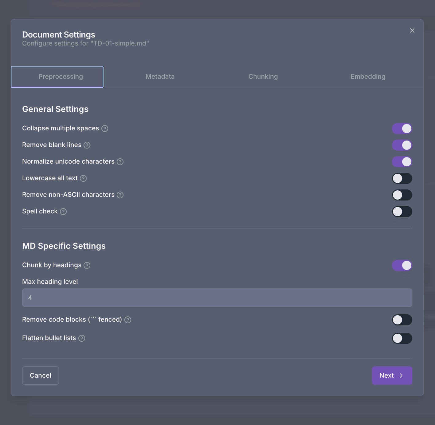 RAG platform settings - embedding configuration and pipeline controls